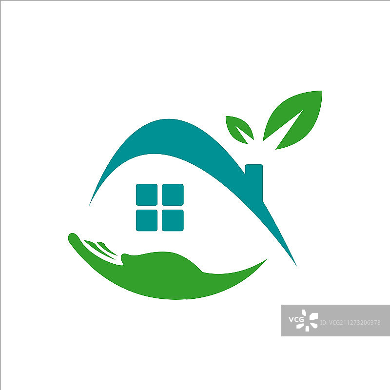 家居护理标志设计叶手和家居符号图片素材