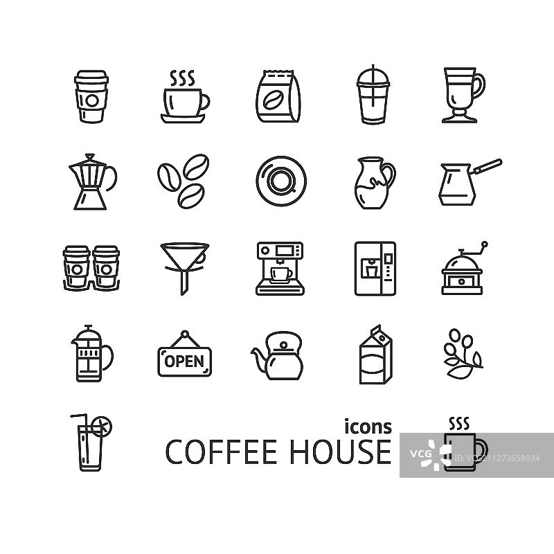 咖啡馆标志黑色细线图标设置图片素材
