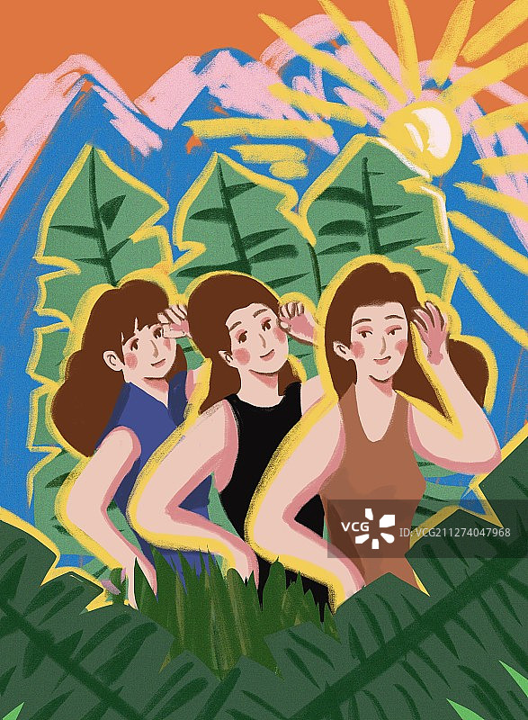 三个女人站在树叶前艺术化图片素材