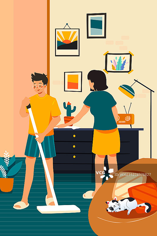 卡通五一劳动节情侣居家打扫卫生劳动房间背景矢量插画图片素材