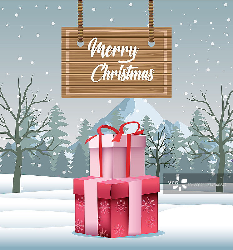 圣诞贺卡和礼物在雪景图片素材