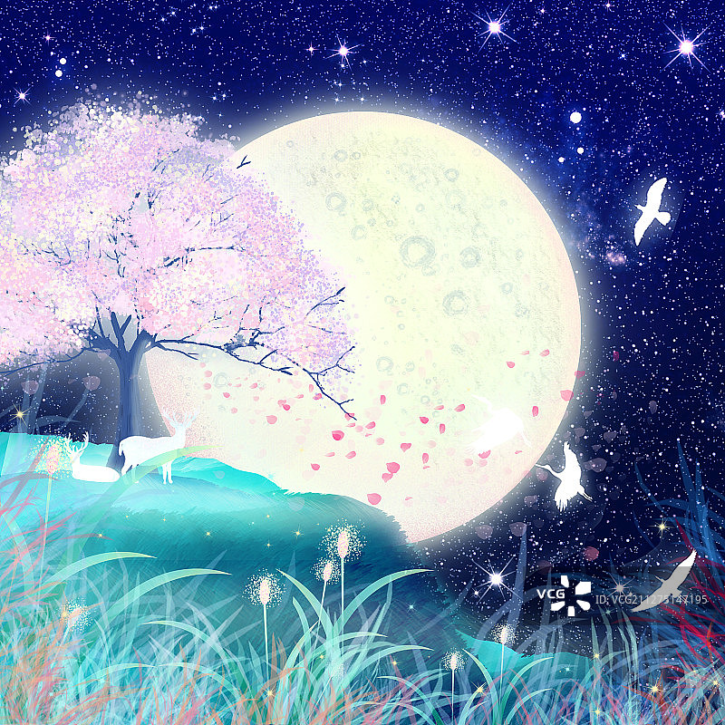 夜晚星空下月亮挂在山坡上，樱花随风飘落后图片素材