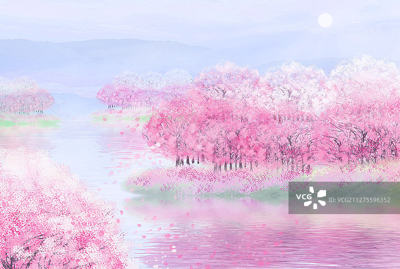 春天早晨樱花园的樱花盛开插画背景图片素材