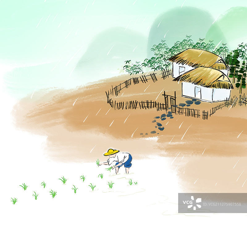 水墨中国画二十四节气插图之春季谷雨乡村农民耕种插秧图片素材
