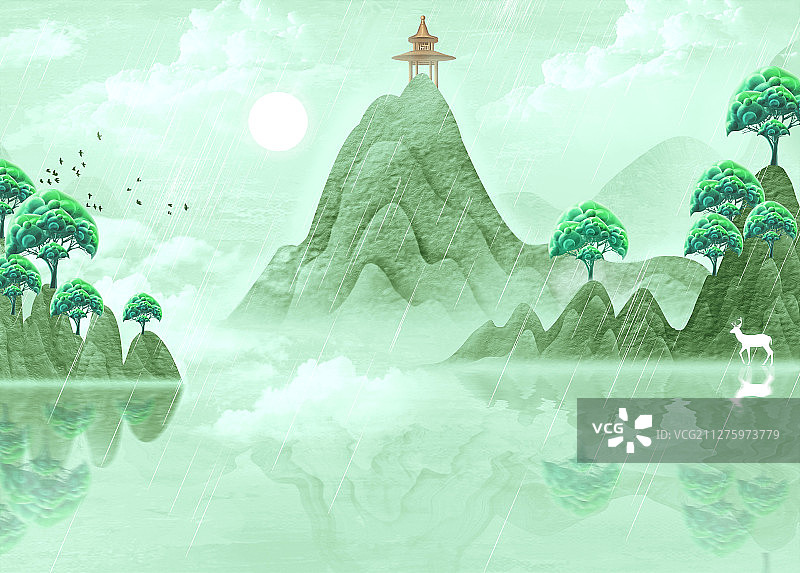 手绘中国风节气绿色山水画图片素材