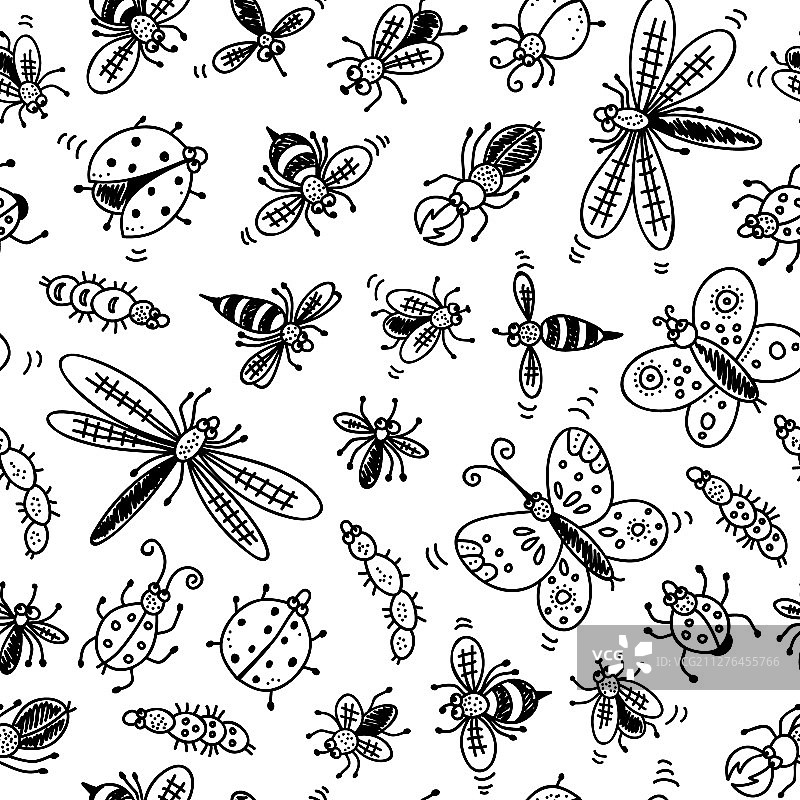 昆虫涂鸦无缝图案背景图片素材