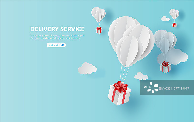 空中飘着白色的气球，提供送货服务图片素材