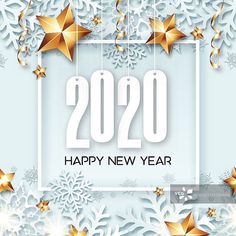 2020年新年横幅设计，以框架，美丽的背景，金色的星星，雪花和丝带图片素材