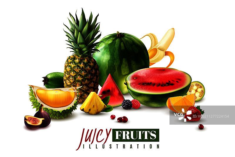新鲜多汁的水果整体和服务块楔形片与西瓜、无花果、菠萝矢量插图现实组成。水果浆果写实构图图片素材