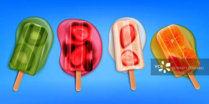 融化的水果冰棍冰淇淋逼真的设置与四个孤立的图像的冰淇淋在棒子矢量插图图片素材