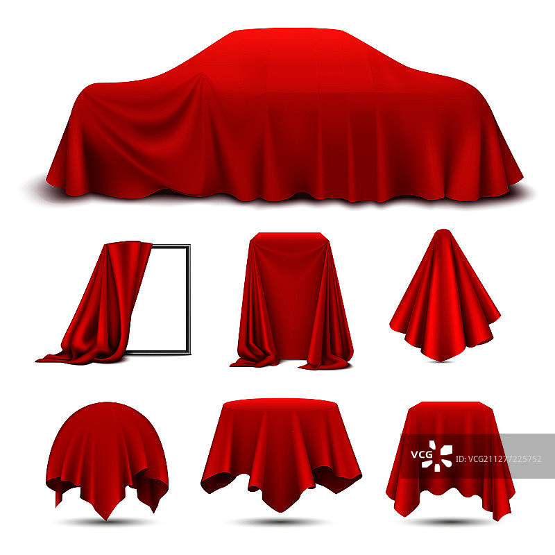 红色丝绸布覆盖对象的现实设置与悬挂框架车挂餐巾桌布窗帘矢量插图图片素材