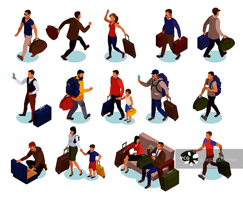 旅行的人孤立的图标一组字符与行李等待匆忙着陆，到达乘客等等距矢量图图片素材