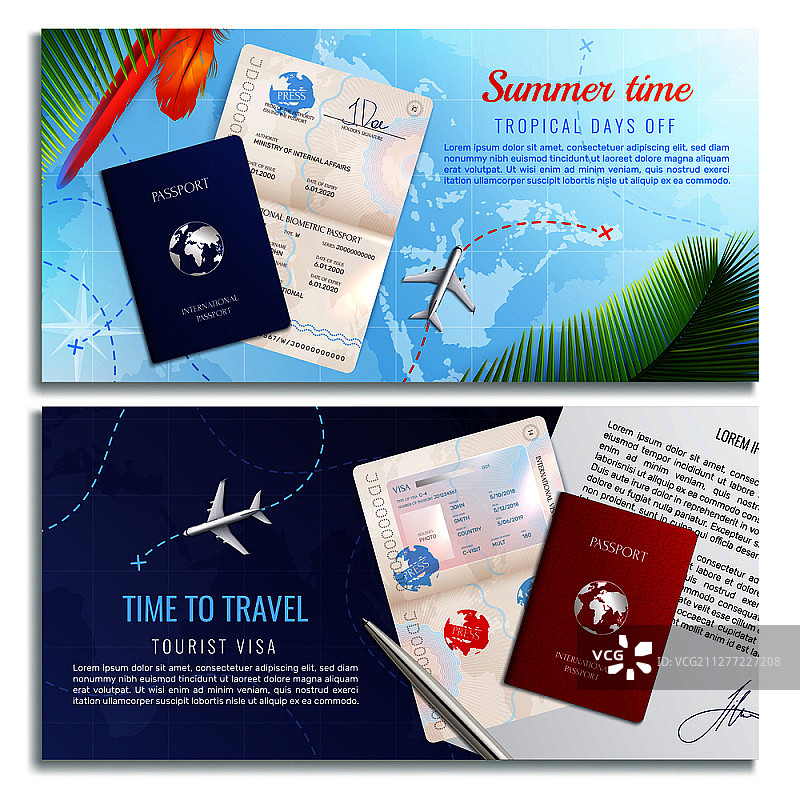旅行的时间与生物识别护照和旅游签证申请的模拟横幅现实矢量插图图片素材