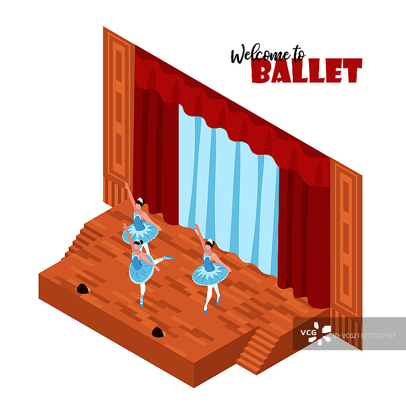 三位芭蕾舞演员在剧场舞台上表演三维等距矢量图图片素材
