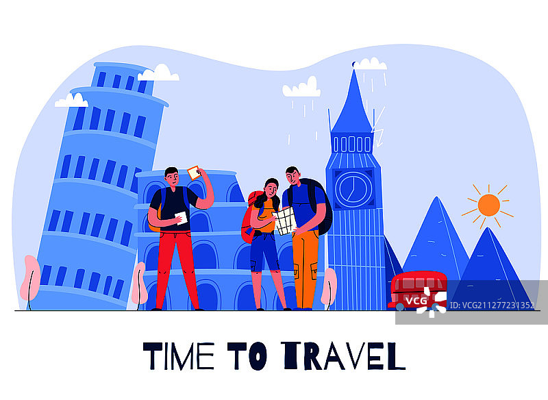 旅游城市构成与时间旅游头条和三个游客度假矢量插图图片素材