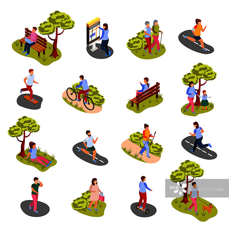 城市人活跃的生活娱乐活动等距图标设置与散步在公园骑自行车慢跑矢量插图图片素材