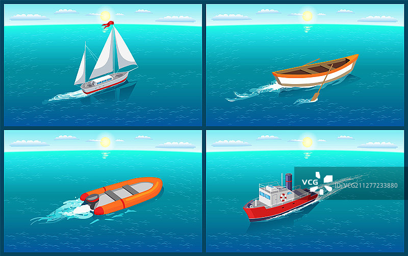 水上运输和木船，集船矢量。用于载客、货物运输的船舶、摆渡、顶部有丝带的帆船。水上运输和木制划艇矢量图片素材