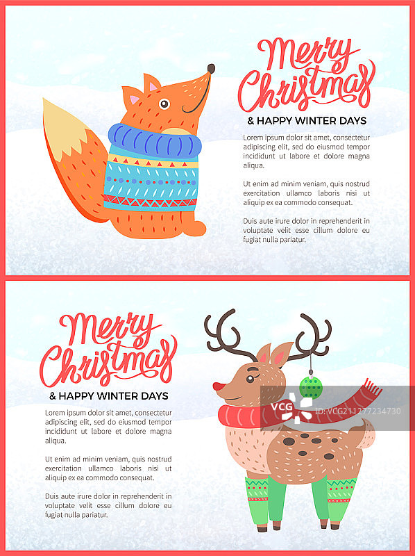 圣诞快乐的横幅，狐狸在毛衣和鹿戴围巾和球在角。冬天的日子，庆祝和问候矢量插图。带着狐狸和鹿的横幅圣诞快乐图片素材