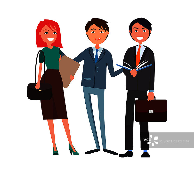 同事群，成功的男女卡通人物。红发女拿着文件夹，开朗的老板和微笑的经理拿着打开的书和公文包。同事组，成功的男人和女人卡通图片素材