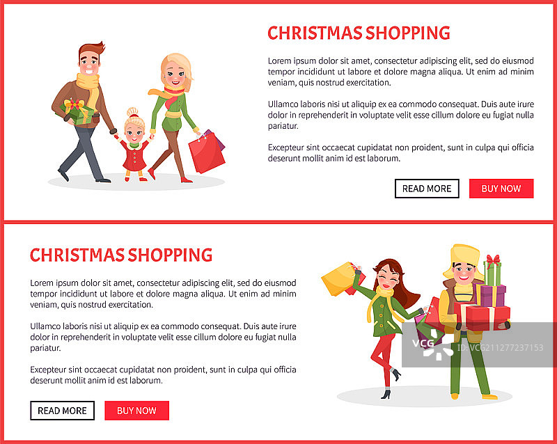 圣诞购物的家庭和夫妇的网页向量。妈妈和爸爸抱着孩子背着包裹庆祝寒假的到来。家庭和夫妇的圣诞购物网页图片素材