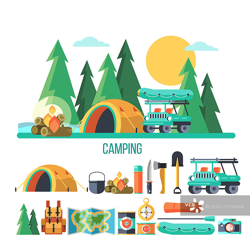 露营。矢量插图。暑假在大自然的帐篷里。一套大型露营装备。图片素材