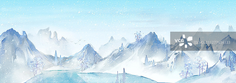小清新水彩风格古风风景插画 雪山图片素材