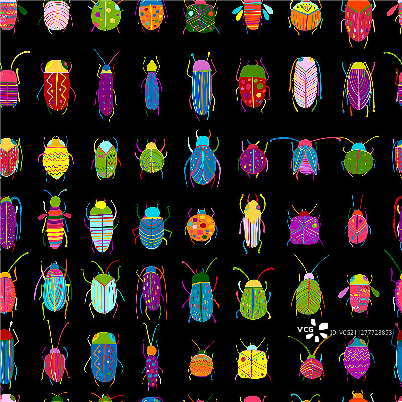 有趣的甲虫收集无缝图案图片素材