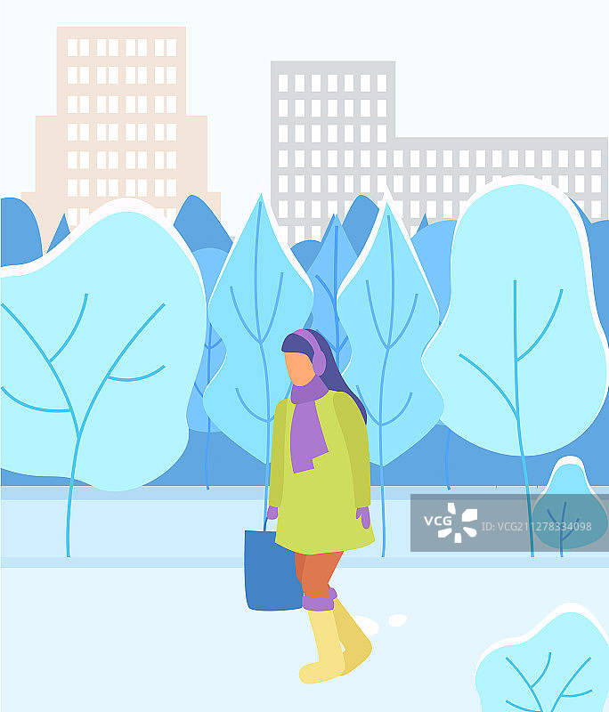 女人走在公园冬季城市景观图片素材
