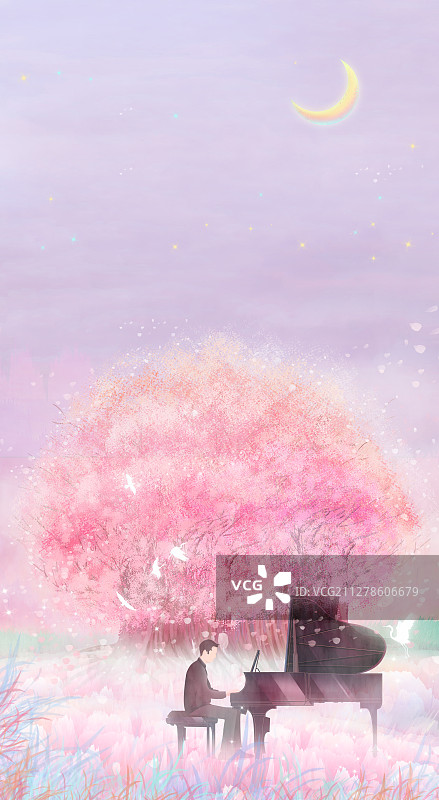 钢琴家在樱花树下弹钢琴插画背景图片素材