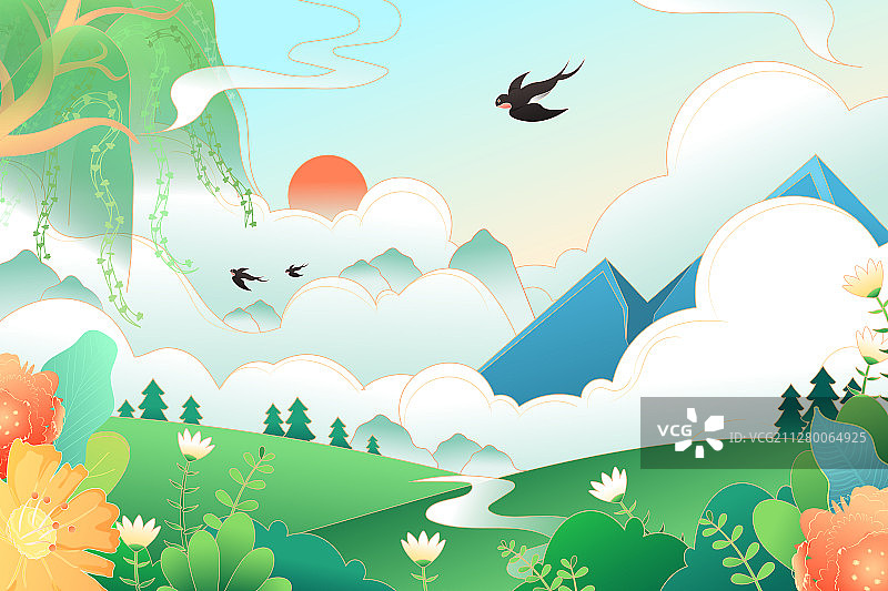 夏季出游旅行中国风自然风景矢量插画图片素材