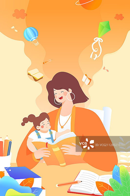 母亲节亲子早教儿童读物读书陪伴电商促销活动矢量插画图片素材