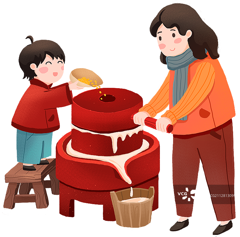 年俗腊月二十五母子推磨做豆腐手绘插画图片素材
