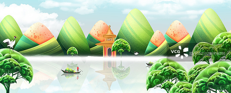 绿色端午节插画巨型粽子山水插画图片素材
