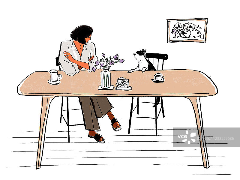 客厅饭桌上女人和猫的插图图片素材