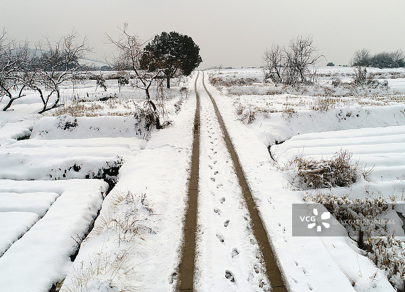 雪后村口印有车辙和脚印的路图片素材
