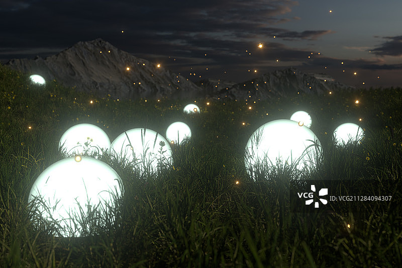 草丛里的发光球体 3D渲染图片素材
