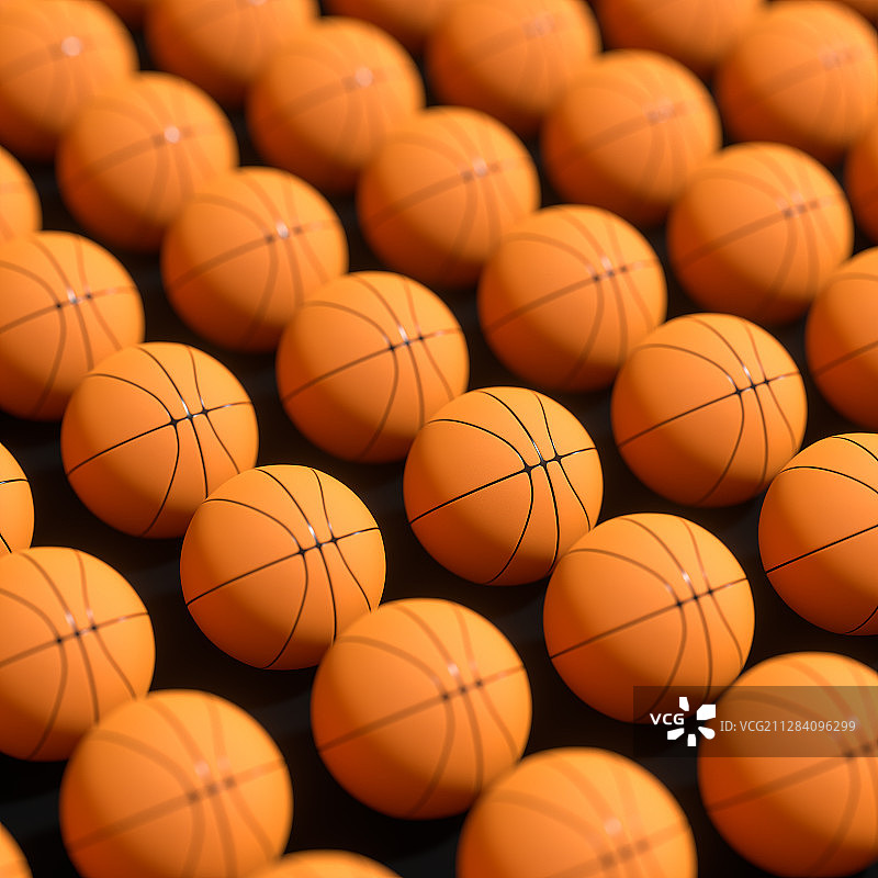 黑色背景下排列整齐的篮球 3D渲染图片素材