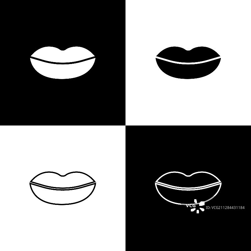 设置微笑的嘴唇图标隔离在黑色和白色图片素材