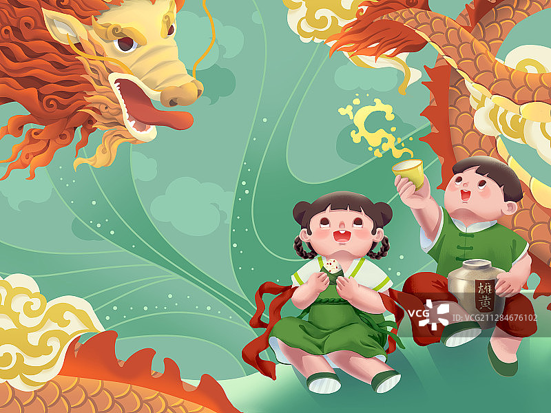 端午节中国风穿汉服的儿童和龙插画图片素材