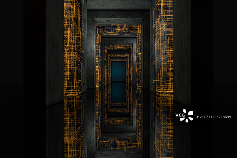 黑暗的电子线条与隧道 3D渲染图片素材