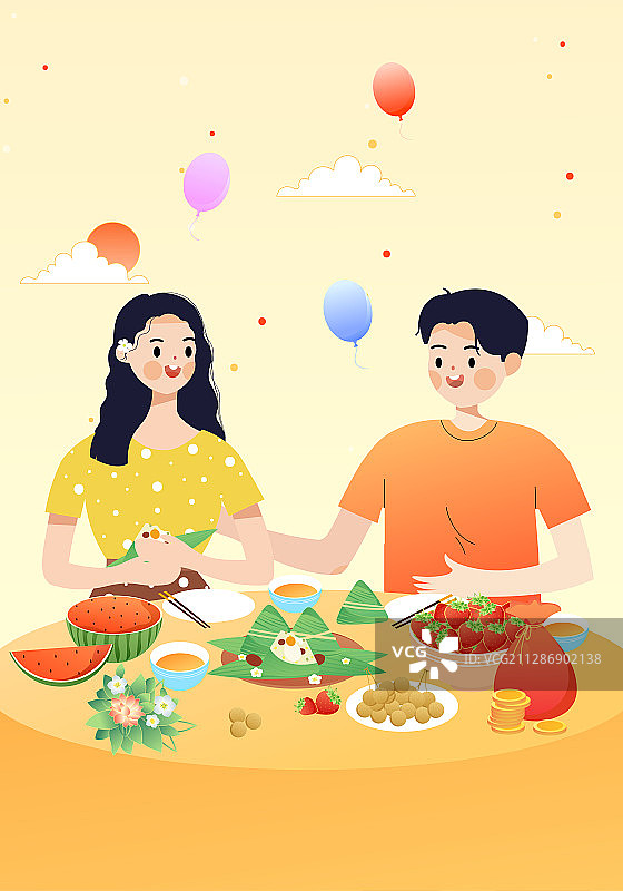 端午节准备吃粽子的两个人矢量插画图片素材