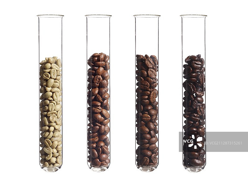 试管里的生咖啡豆，淡咖啡豆，中咖啡豆和深咖啡豆图片素材