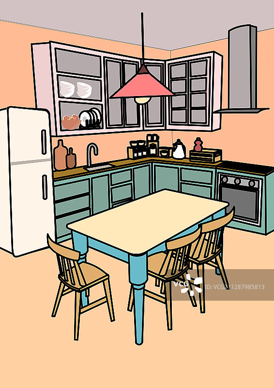 线条风竖版矢量厨房室内家具背景图片素材