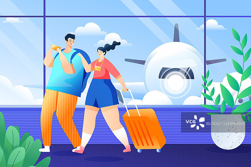 卡通夏季情侣出游度假出行交通方式旅游活动矢量插画图片素材