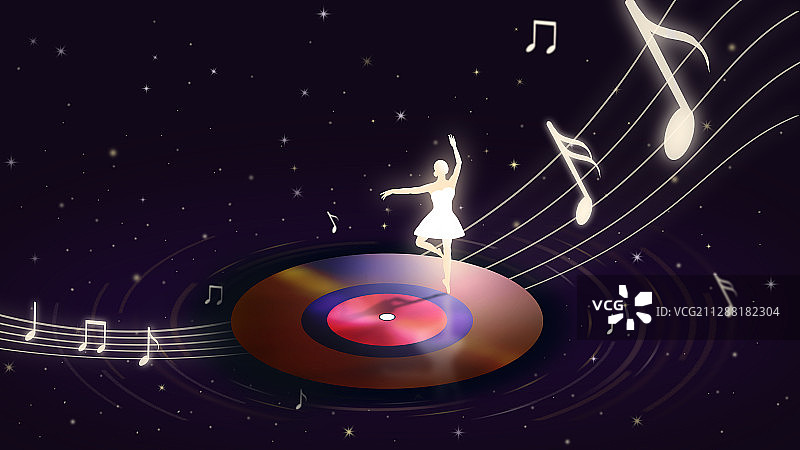 蓝色星空背景少女在唱片上跳芭蕾舞插画图片素材