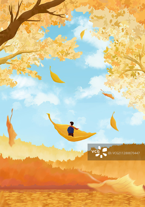 男孩站在飘落的树叶上秋天场景插画图片素材