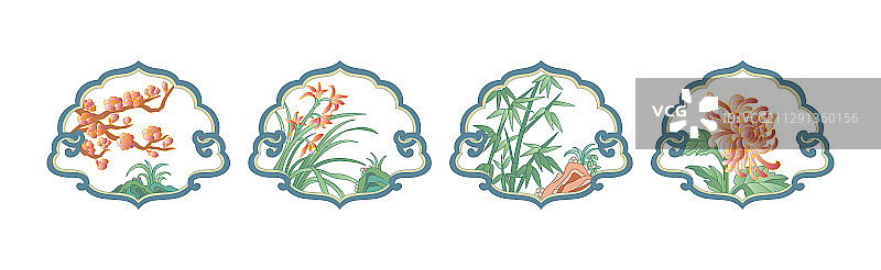 古典的梅兰竹菊边框花纹，白色背景图片素材