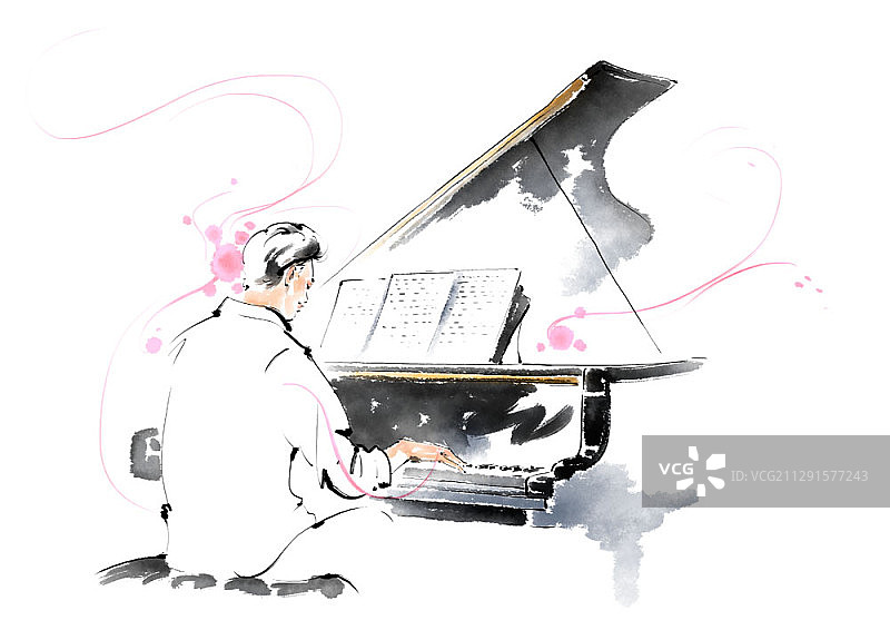 音乐家钢琴演奏的水墨水彩插画图片素材
