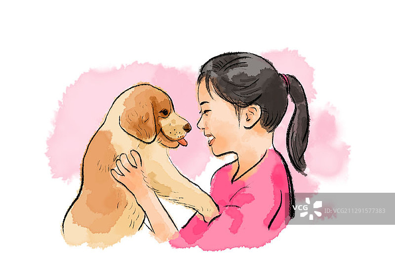 亚洲儿童与宠物的插图图片素材
