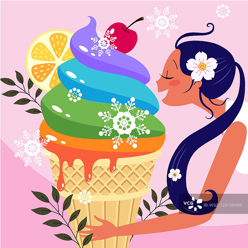 矢量插图的女人拿着大的彩虹冰淇淋在蛋筒图片素材